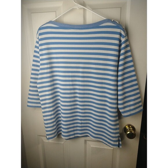 Kenneth Too Woman L Blue White Nautical Striped 3/4 Sleeve Lace Shoulder Casual - Picture 8 of 8
